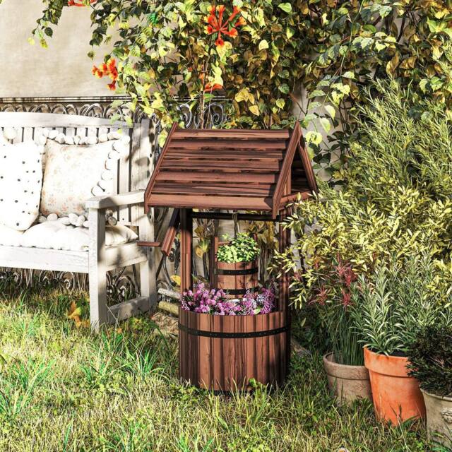 OUTSUNNY Wooden Wishing Well Planter, Flower Planter with Drainage Hole in Brown - image 1