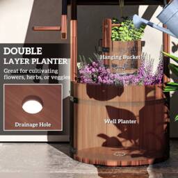 OUTSUNNY Wooden Wishing Well Planter, Flower Planter with Drainage Hole in Brown - thumbnail 5