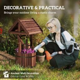 OUTSUNNY Wooden Wishing Well Planter, Flower Planter with Drainage Hole in Brown - thumbnail 4