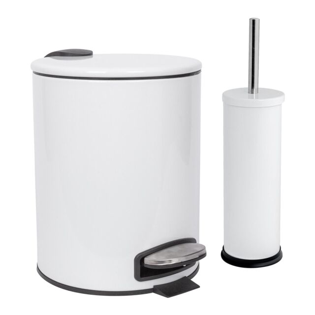 Harbour Housewares 5L Round Bathroom Bin & Brush Set - Slim Stainless Steel Bathroom Set in White - image 1