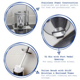 Harbour Housewares 5L Round Bathroom Bin & Brush Set - Slim Stainless Steel Bathroom Set in White - thumbnail 2