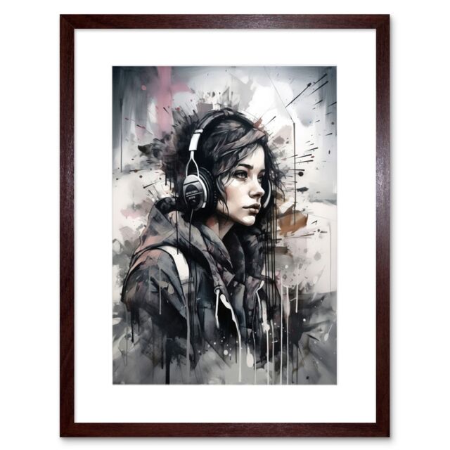 Artery8 Wall Art Print Teenager in Black Hoodie Listening to Music through Headphones Modern Watercolour Painting Artwork Framed 9X7 Inch - image 1