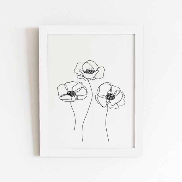 "Warren Reed - Designer Monochrome Line Drawn Poppies Framed Art Print in White - Size: W24"" x H36""" - image 1