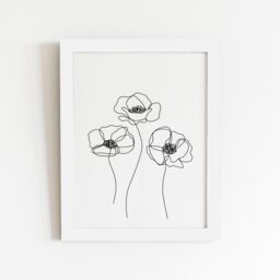"Warren Reed - Designer Monochrome Line Drawn Poppies Framed Art Print in White - Size: W24"" x H36""" - thumbnail 1