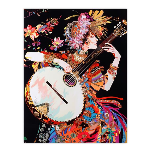"Artery8 Woman Floral Banjo Player Colourful Portrait Wall Art Print - Size: W18"" x H24""" - image 1