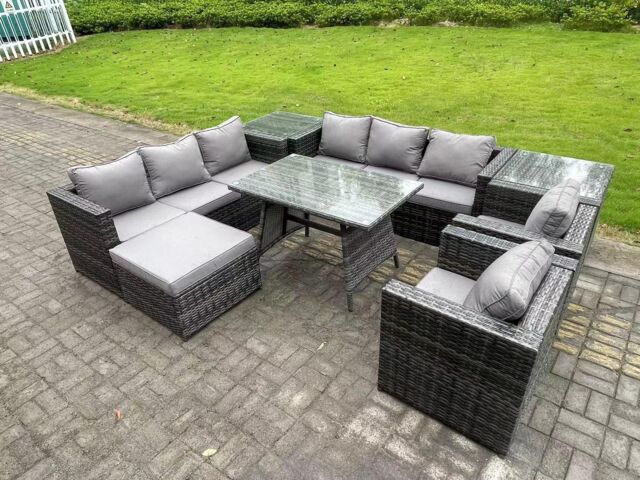 Fimous Wicker Rattan Outdoor Furniture Lounge Sofa Garden Dining Set with Dining Table 2 Side Tables Big Footstool in Dark Grey - image 1