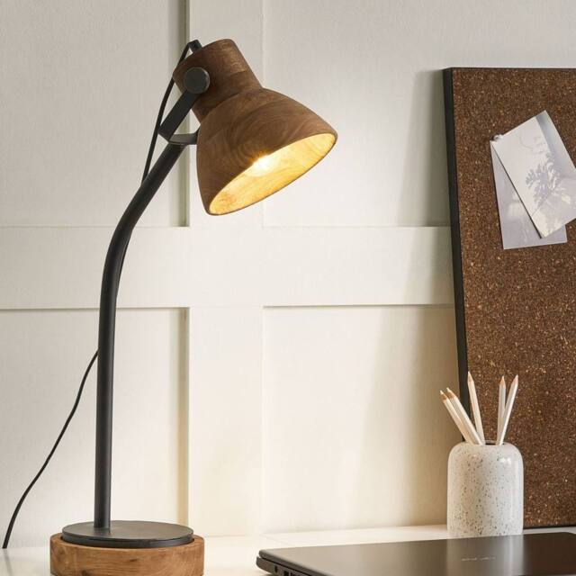 Wyld and Coco Dark Mango Wood Desk Lamp - Black Iron Base Adjustable Wooden Shade in Brown - image 1