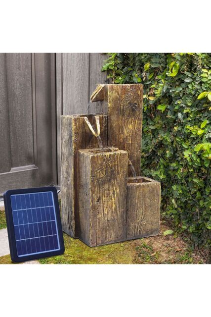 Living and Home 19in Solar Rockery Water Fountain - LED Lights Indoor/Outdoor Resin Fountain - Natural Faux wood Effect Garden Decor