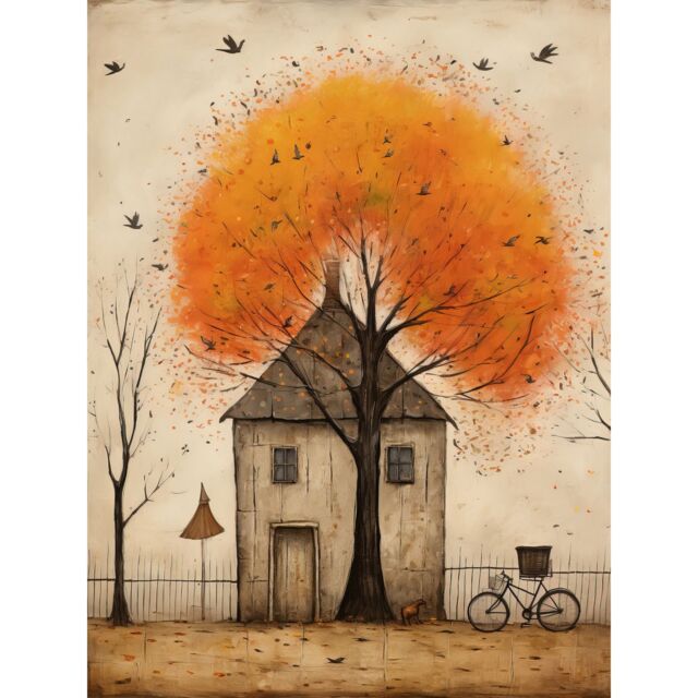 "Artery8 Wall Art Print Country House Autumn Tree Oil Painting Orange Brown Bicycle on Fence Rural Life Poster - Size: W24"" x H32""" - image 1