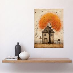 "Artery8 Wall Art Print Country House Autumn Tree Oil Painting Orange Brown Bicycle on Fence Rural Life Poster - Size: W24"" x H32""" - thumbnail 2