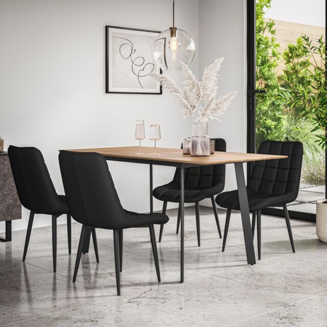 More4Homes Haydon Extending Dining Table & Chairs- Oak Effect Table Top w Black Legs + Nova Faux Leather Dining Chair Set Of 6 - image 1