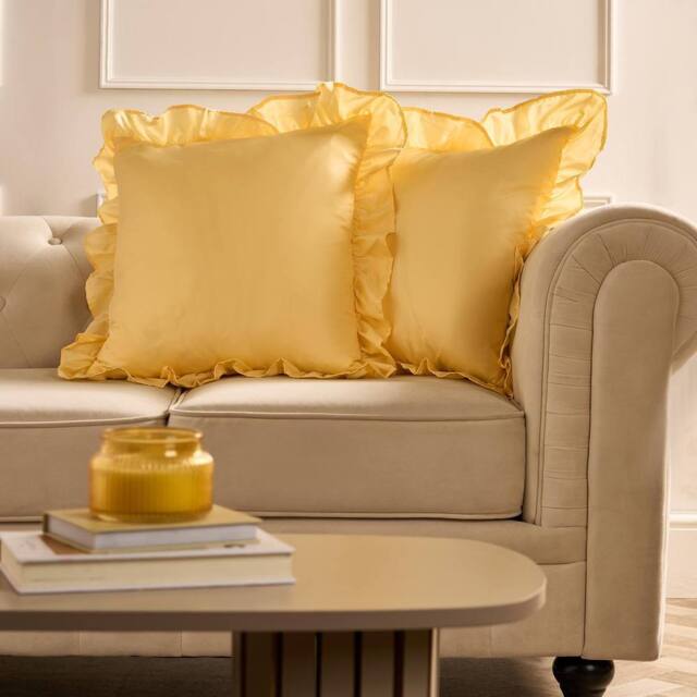 OHS 2 x Plain Faux Linen Frill Cushion Covers in Lemon - Size: 45 cm x 45 cm - image 1