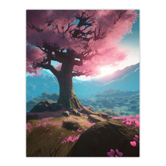 Artery8 Wall Art Print Lone Cherry Blossom Tree Blooming Painting Pink Blue Green Sunrise over Tranquil Forest Mountain Landscape Poster - image 1