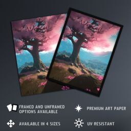 Artery8 Wall Art Print Lone Cherry Blossom Tree Blooming Painting Pink Blue Green Sunrise over Tranquil Forest Mountain Landscape Poster - thumbnail 2