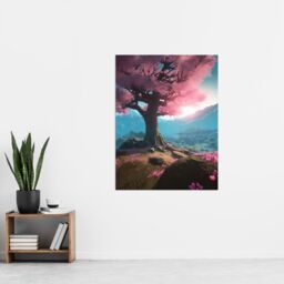 Artery8 Wall Art Print Lone Cherry Blossom Tree Blooming Painting Pink Blue Green Sunrise over Tranquil Forest Mountain Landscape Poster - thumbnail 4