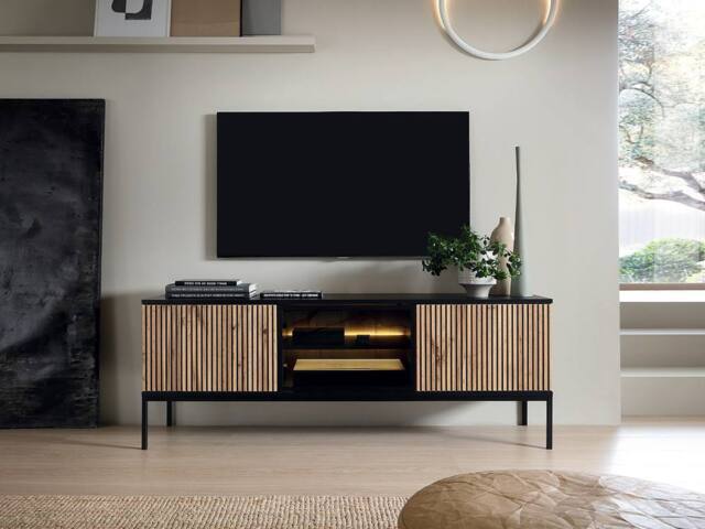 Vente-unique 3 - Door TV Stand With Leds In MDF & Smoked Glass - Black and - image 1