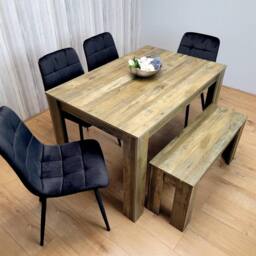 KOSY KOALA Modern Rustic Effect Dining Table Set with 4 Black Velvet Chairs & Bench - Kitchen Dining Furniture in Brown - thumbnail 3
