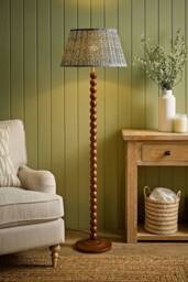 ValueLights Bobbin Floral Printed Pleated Shade Walnut Bobble Floor Lamp in Light Brown