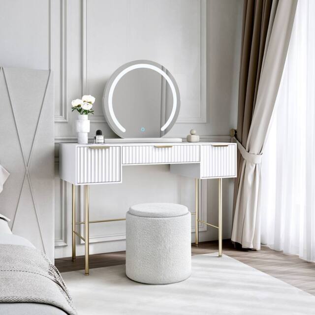 CARME HOME Lara Dressing Table with Elsie LED Mirror-White & Hailey Bouclé Stool in White - image 1