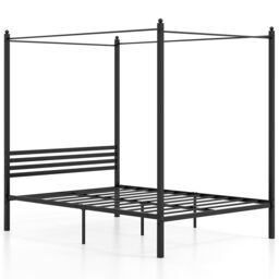 Gymax Double Size Canopy Bed Frame 4-Poster Metal Platform Bed-Black in Black