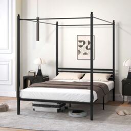 Gymax Double Size Canopy Bed Frame 4-Poster Metal Platform Bed-Black in Black - thumbnail 4