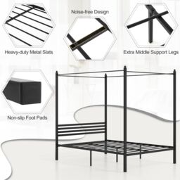Gymax Double Size Canopy Bed Frame 4-Poster Metal Platform Bed-Black in Black - thumbnail 6