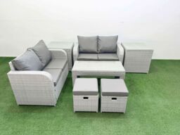 Fimous 6 Seater Outdoor Love Sofa Set Rattan Garden Furniture Set with Oblong Coffee Table 2 Small Stools 2 Side Tables Light Grey - thumbnail 2
