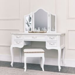 Melody Maison Antique White Dressing Table Desk With Triple Mirror & Stool - Pays Blanc Range - thumbnail 5