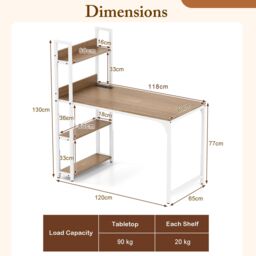 Gymax Writing Desk Industrial Gaming Table With Power Outlets & Shelves in Khaki - thumbnail 2