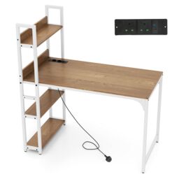 Gymax Writing Desk Industrial Gaming Table With Power Outlets & Shelves in Khaki - thumbnail 3