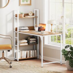Gymax Writing Desk Industrial Gaming Table With Power Outlets & Shelves in Khaki - thumbnail 8