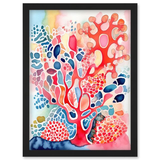 Artery8 Pink & Blue Coral Folk Art Watercolour Painting Artwork Framed Wall Art Print A4 in Black - image 1