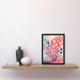 Artery8 Pink & Blue Coral Folk Art Watercolour Painting Artwork Framed Wall Art Print A4 in Black - thumbnail 2