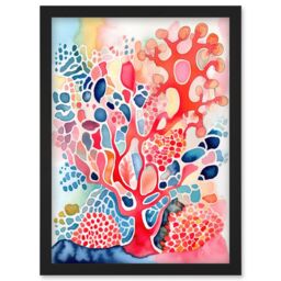 Artery8 Pink & Blue Coral Folk Art Watercolour Painting Artwork Framed Wall Art Print A4 in Black - thumbnail 1