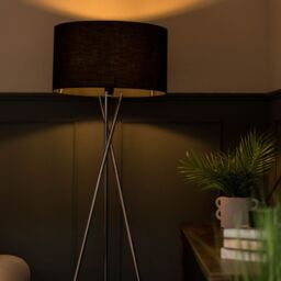 ValueLights Camden Brushed Chrome Tripod Floor Lamp with Black Drum Lamp Shade - thumbnail 2