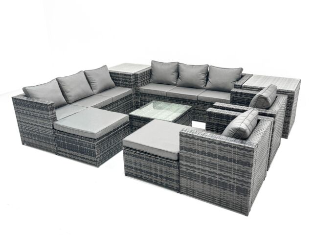 Fimous 10 Seater Patio Lounge Sofa Set with 2 Side Tables 2 Big Footstool in Dark Grey - image 1