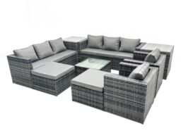 Fimous 10 Seater Patio Lounge Sofa Set with 2 Side Tables 2 Big Footstool in Dark Grey - thumbnail 1