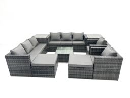 Fimous 10 Seater Patio Lounge Sofa Set with 2 Side Tables 2 Big Footstool in Dark Grey - thumbnail 2