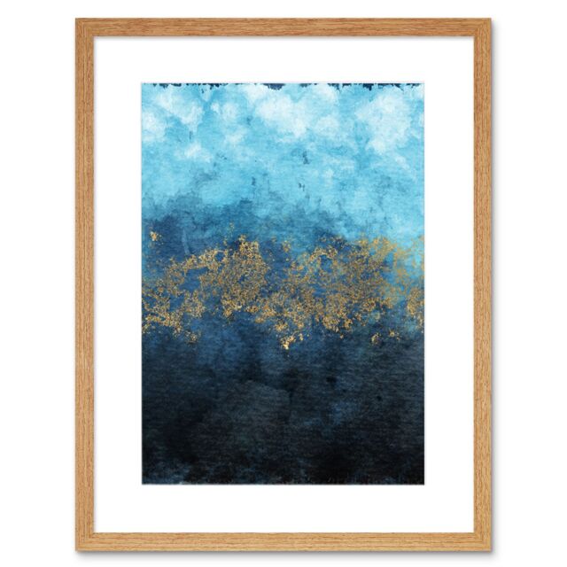 "Artery8 Wall Art Print Abstract Blue & Gold Watercolour Art Framed 9x7 inch in Beige - Size: W7"" x H9""" - image 1