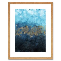 "Artery8 Wall Art Print Abstract Blue & Gold Watercolour Art Framed 9x7 inch in Beige - Size: W7"" x H9""" - thumbnail 1