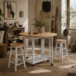 Wyld Haus Rasola White Drop Leaf Mobile Dining Table 2 Stools Drawers & Shelf