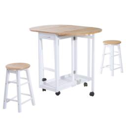 Wyld Haus Rasola White Drop Leaf Mobile Dining Table 2 Stools Drawers & Shelf - thumbnail 2