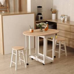 Wyld Haus Rasola White Drop Leaf Mobile Dining Table 2 Stools Drawers & Shelf - thumbnail 3