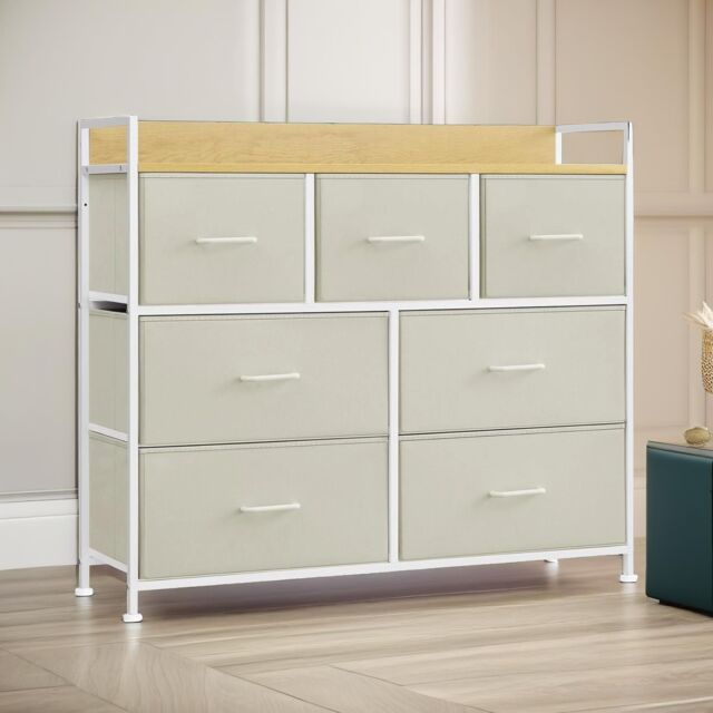 FURNOS Industrial Bedroom Chest With 7 Fabric Drawers in Cream - image 1
