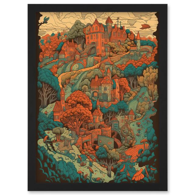 Artery8 Village in Forest Coral & Teal Blue Illustration Artwork Framed Wall Art Print A4 in Black - image 1
