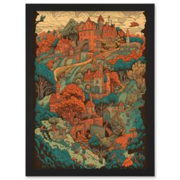 Artery8 Village in Forest Coral & Teal Blue Illustration Artwork Framed Wall Art Print A4 in Black - thumbnail 1
