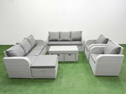 Fimous PE Rattan High Back Lounge Sofa Set Patio Oblong Coffee Table & Chairs Set with 3 Seater Sofa Reclining Chair 3 Stools Light Grey - thumbnail 1
