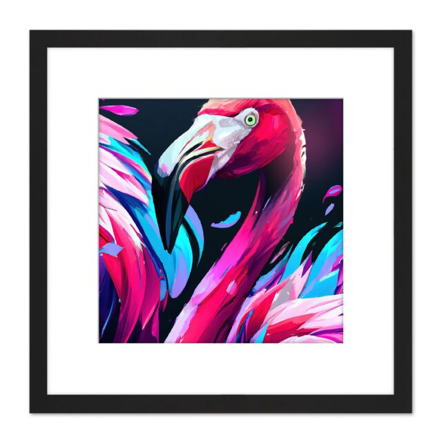 Artery8 Flamingo Birds Modern Pink Blue Purple Painting Square Wooden Framed Wall Art Print Picture 8X8 Inch in Black - image 1