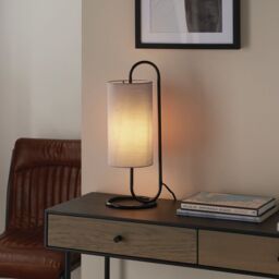 Loops Modern Matt Black Oval Table Lamp Desk Light & Grey Fabric Cylinder Shade - thumbnail 3