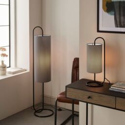 Loops Modern Matt Black Oval Table Lamp Desk Light & Grey Fabric Cylinder Shade - thumbnail 4